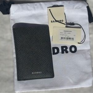 Sandro Black Textured Leather Card Wallet with Silver Logo